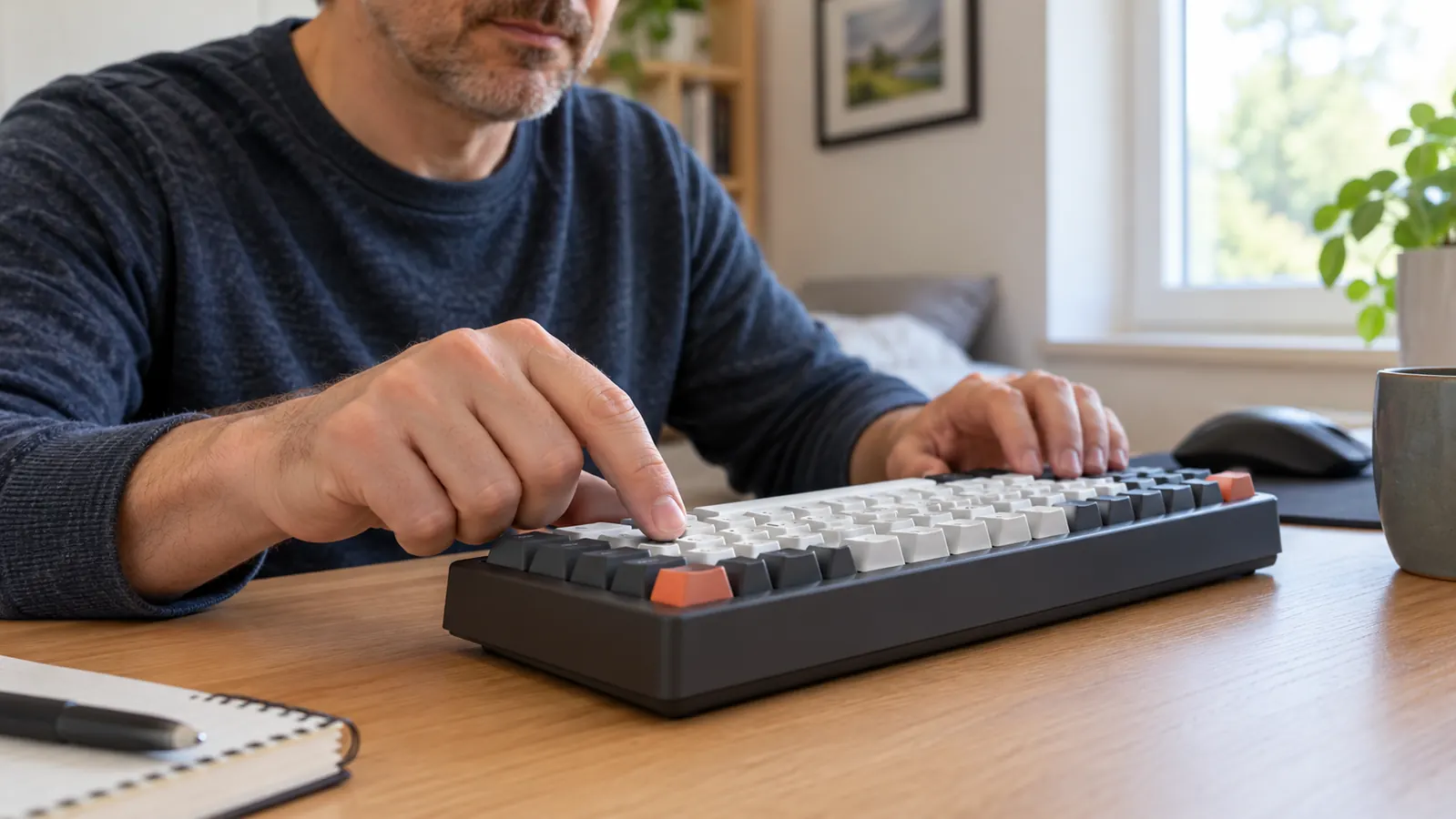 A hand pressing a key on a full-size mechanical keyboard on a desk