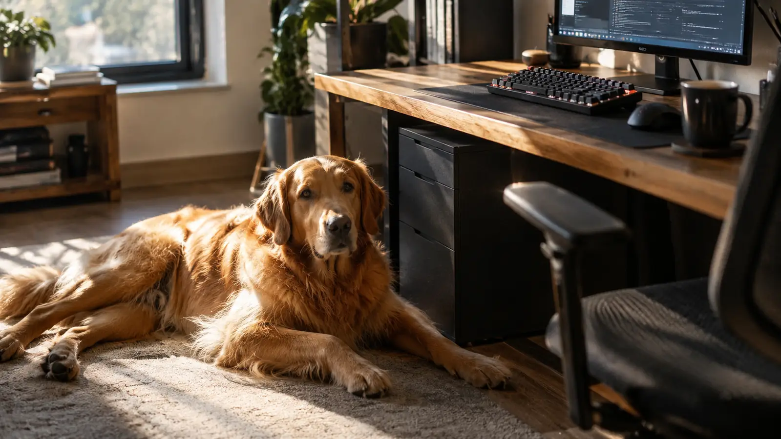 A large dog lying on the floor beside a desk with a mechanical keyboard and monitor