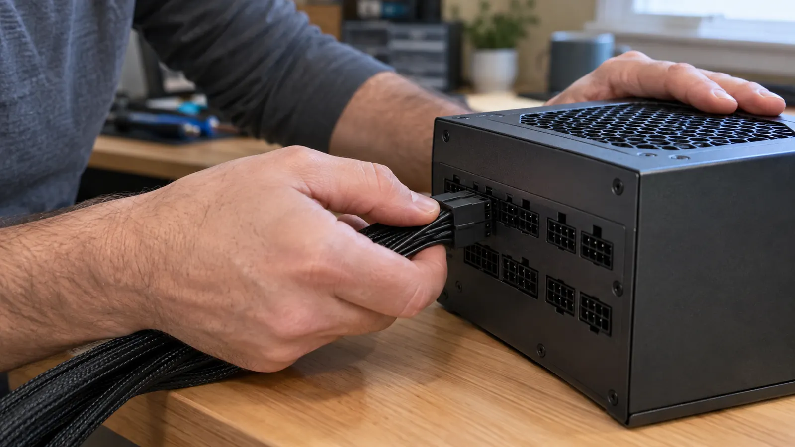 A hand connecting a modular power cable to the labeled port on the back of a power supply