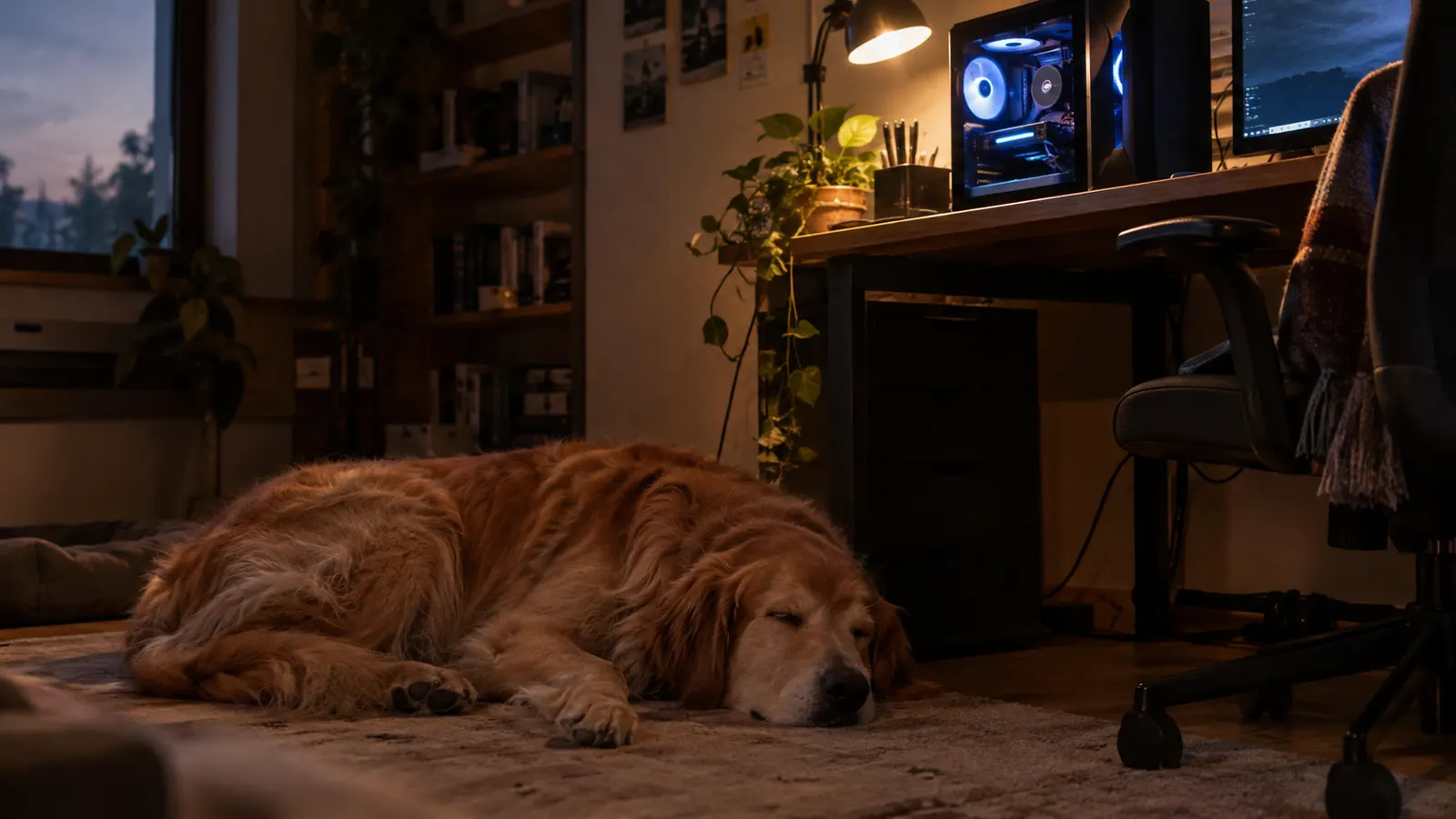 A large dog asleep on the floor beside a desk while a PC tower glows softly on the desk
