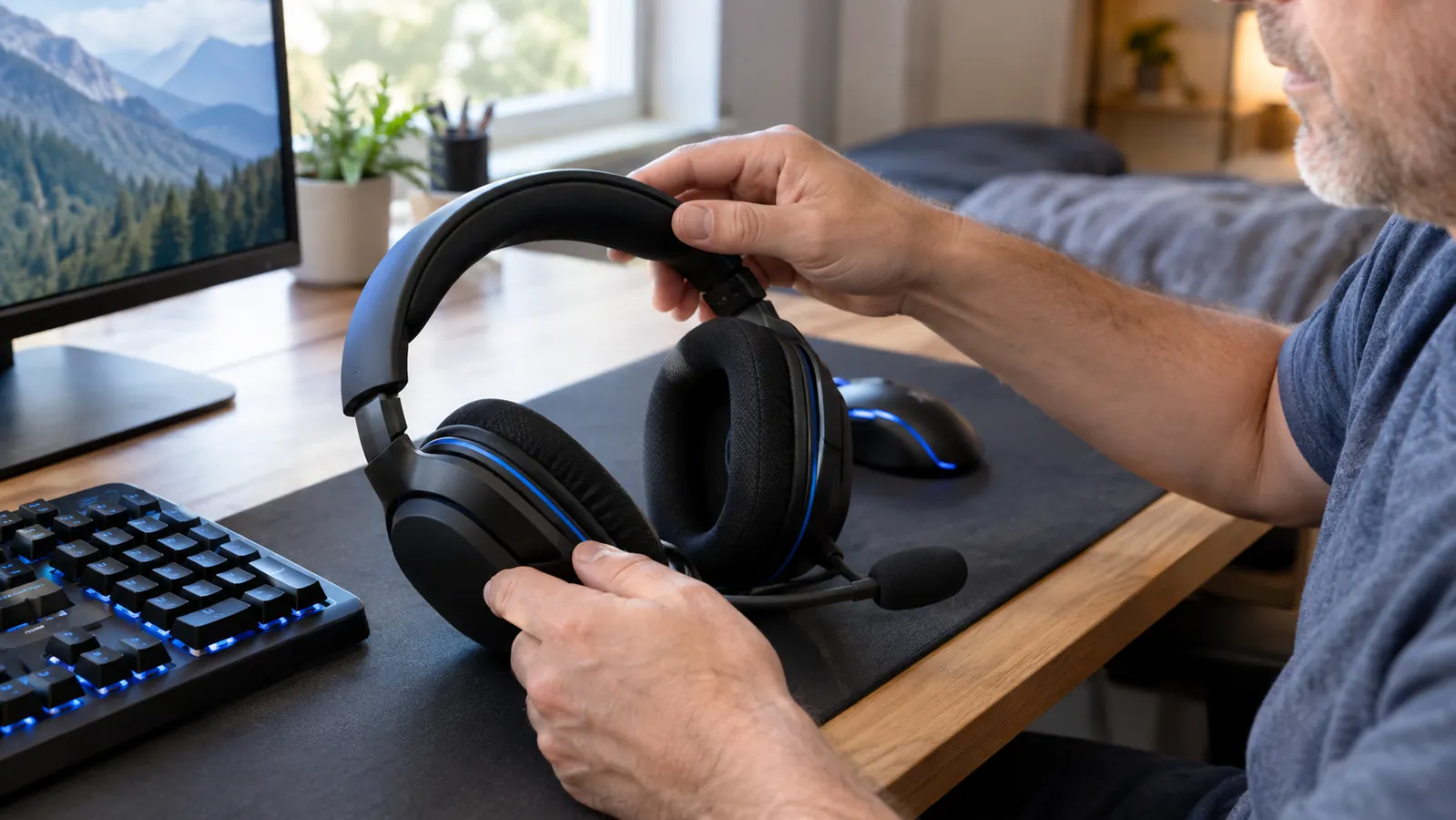 A gaming headset resting on a desk beside a keyboard, a hand adjusting the headset