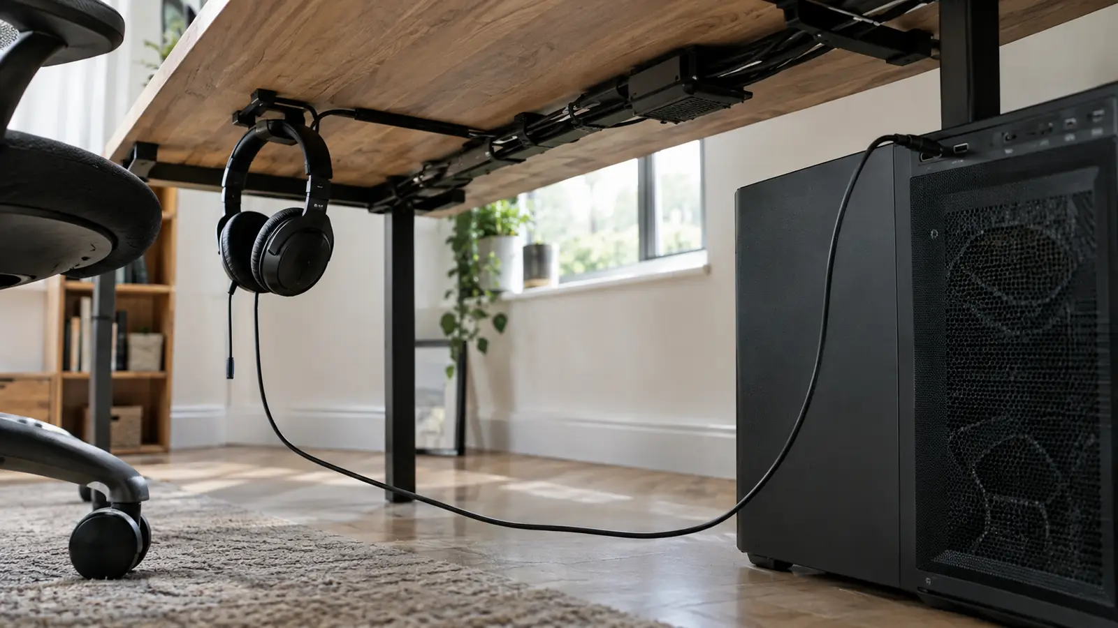 A headset cable plugged into a PC tower under a desk, cables neatly routed along the underside of the desk