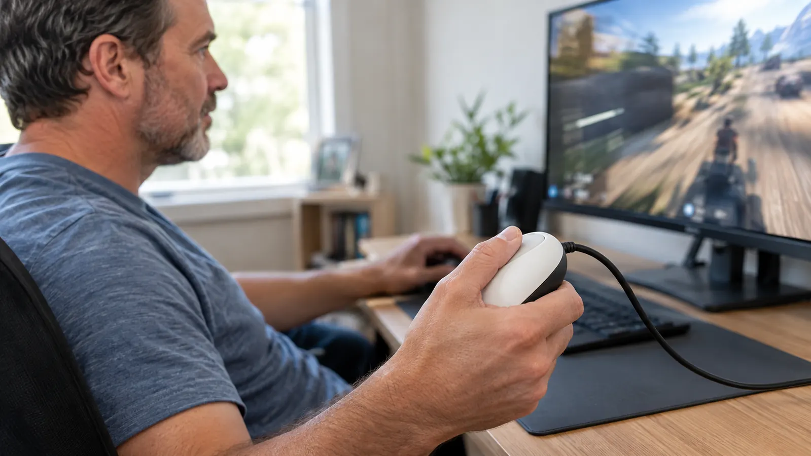A hand gripping a wired gaming mouse during a game, the cable running across the desk