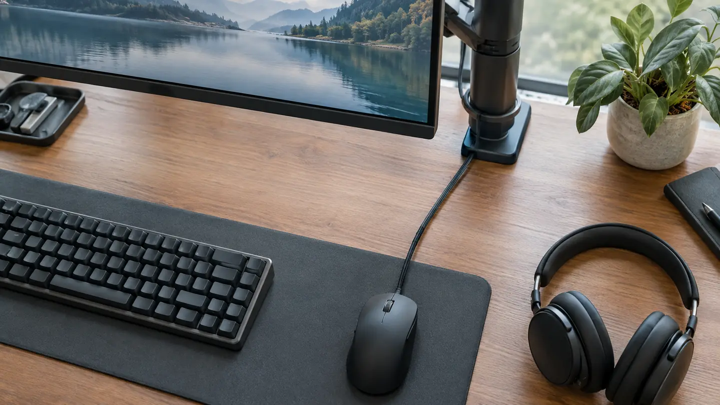 A tidy PC desk with a single mouse cable routed under the monitor arm, everything else in place