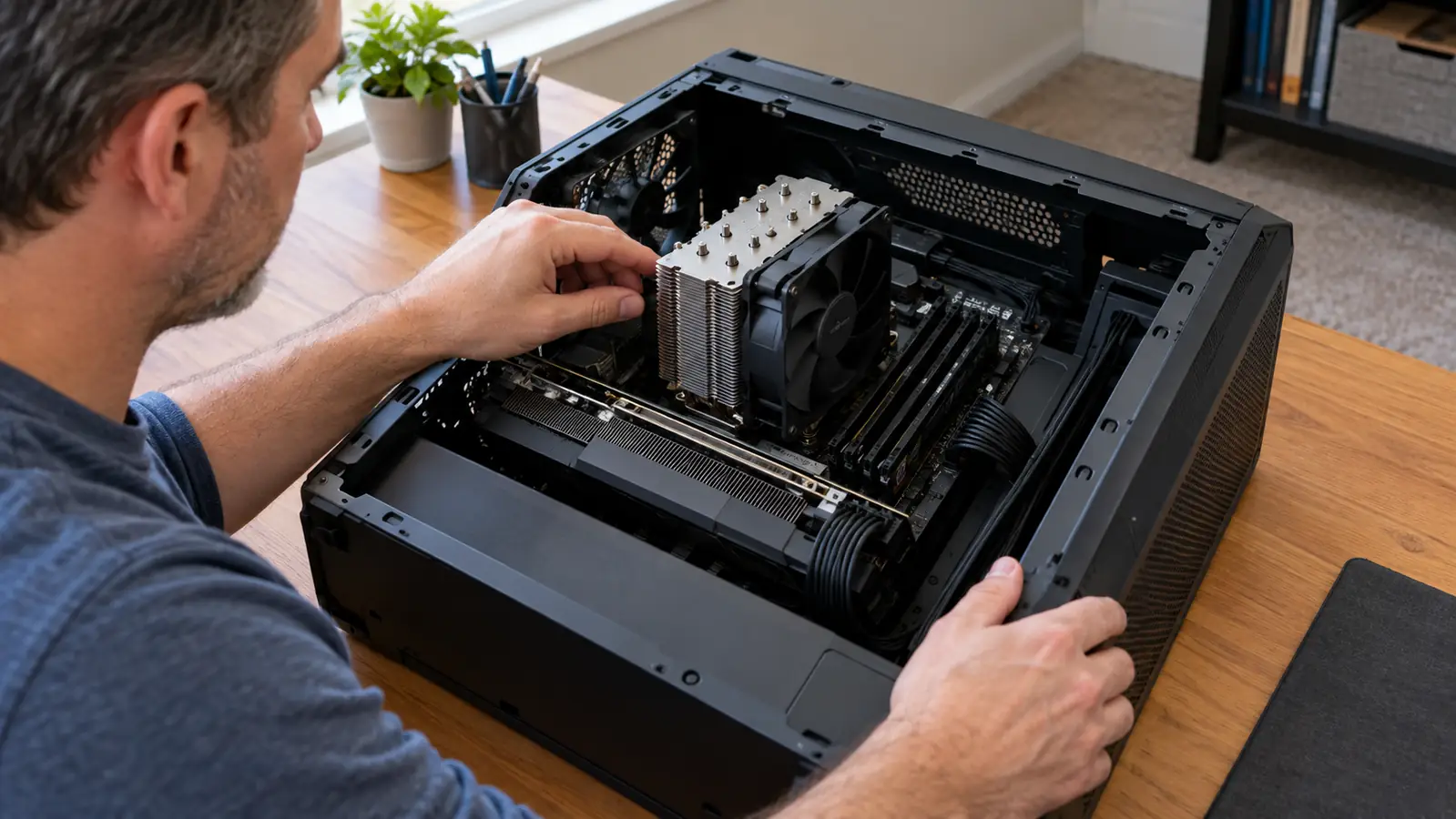 A CPU cooler with two fans mounted on a motherboard, viewed from the side of the case