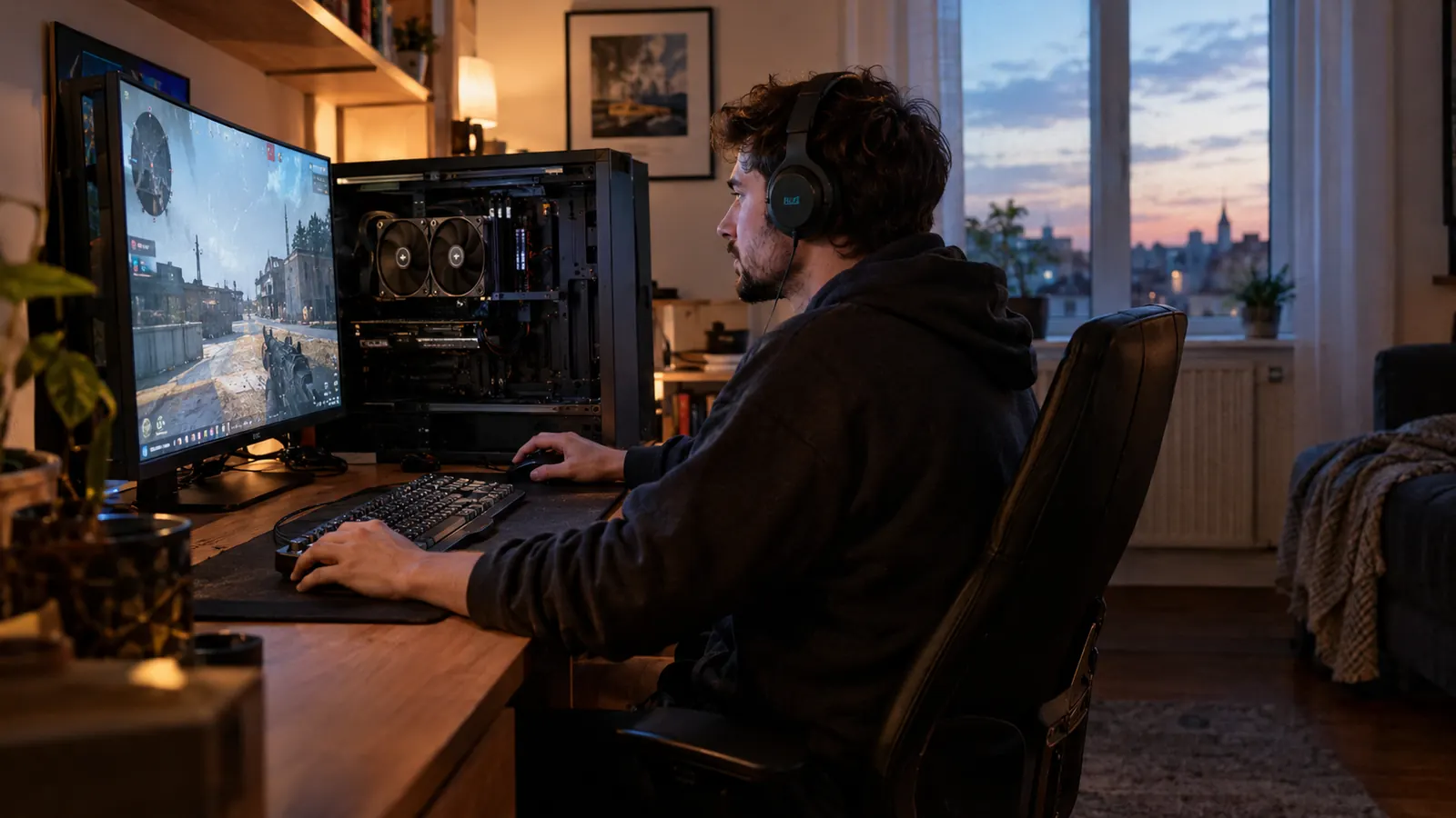 A man at a desk gaming on a PC, with the side panel off and a large CPU cooler visible inside the case