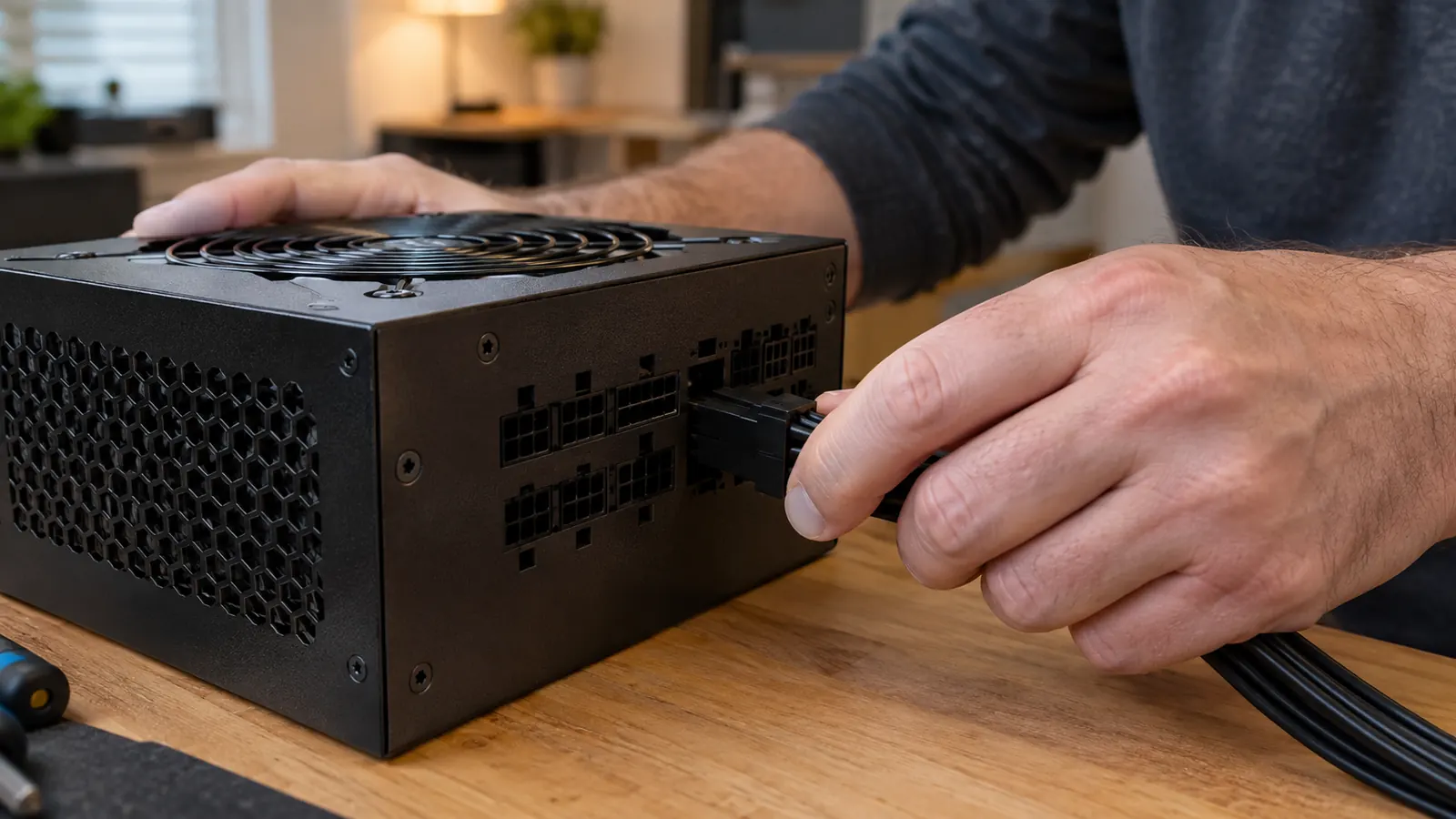 A hand plugging a modular power supply cable into a port on the back of a power supply unit