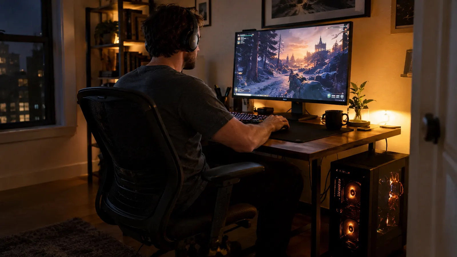A man at a desk gaming on a PC, the tower on the floor beside the desk