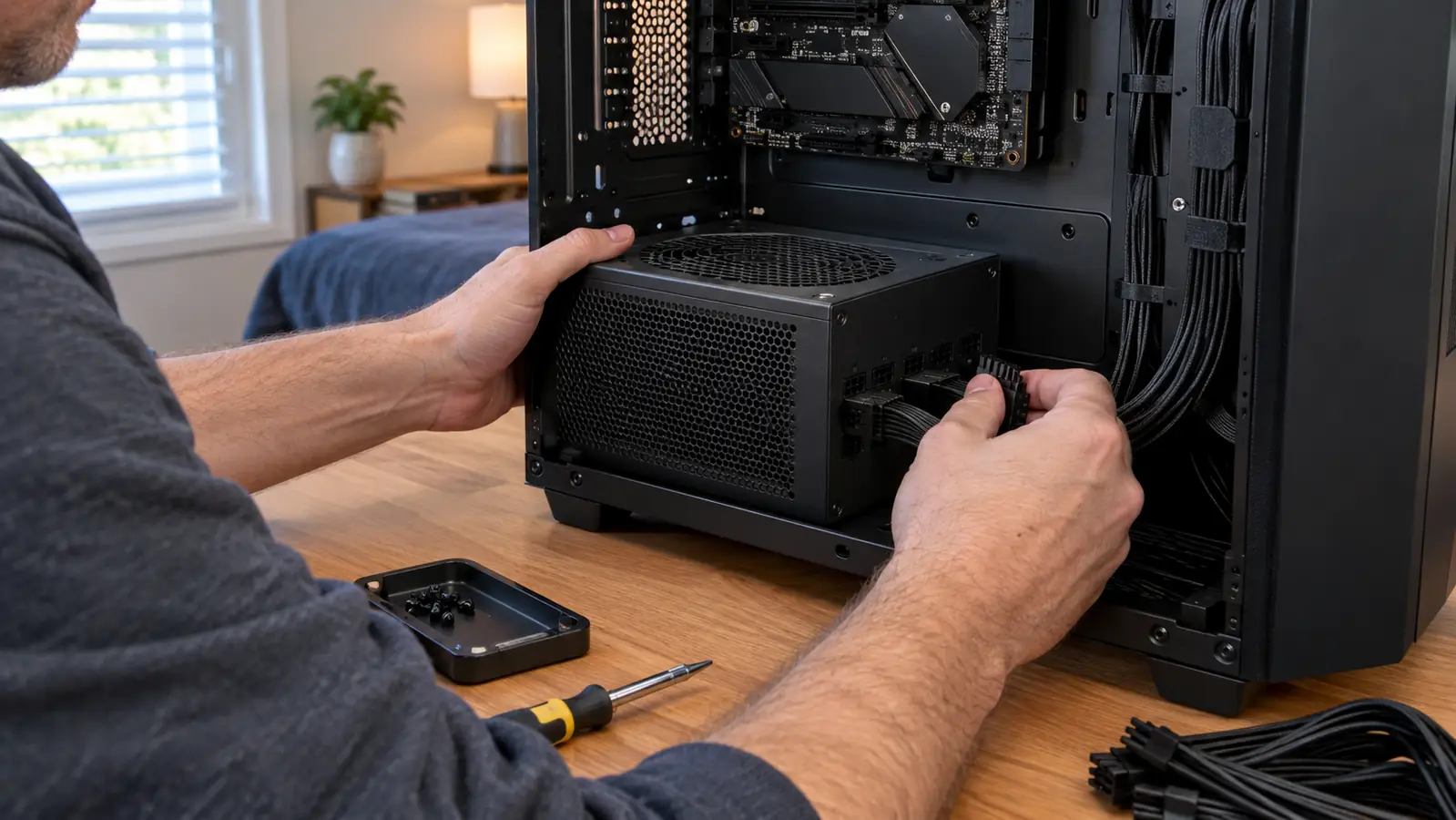 A man's hands installing a modular power supply into the bottom of a mid-tower PC case, connecting a cable