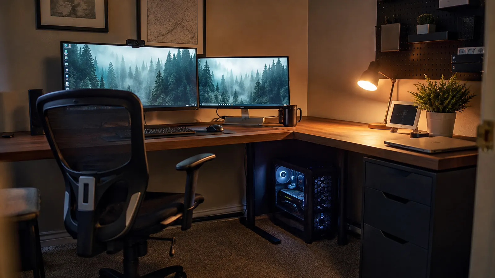 A quiet home office in the evening, a PC running under a desk with a soft monitor glow and a warm lamp