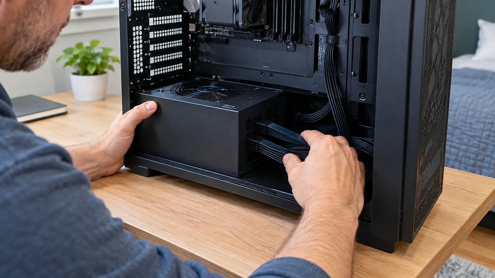 Hands installing a fully modular power supply into a mid-tower PC case and routing its flat cables
