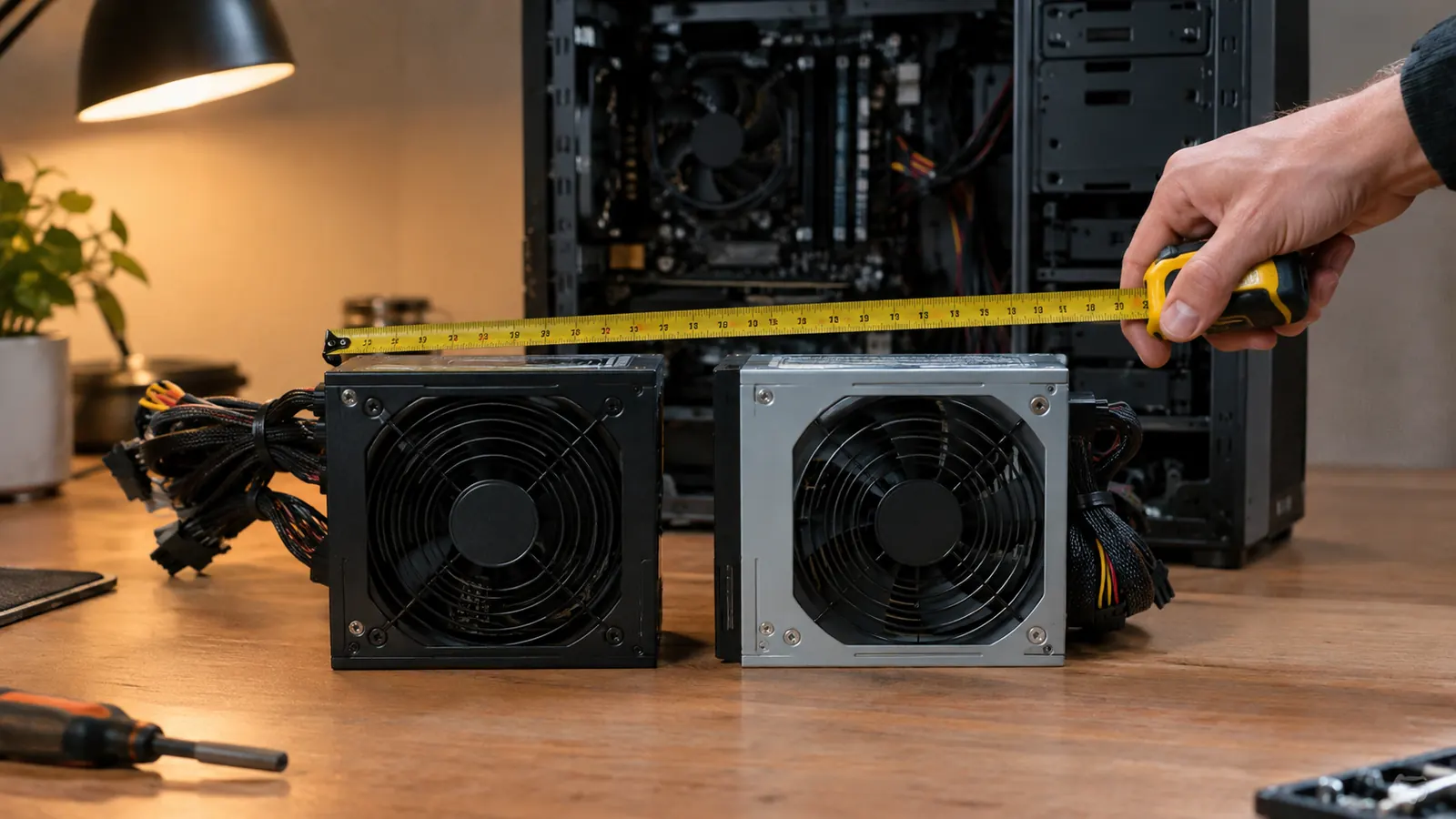 Two power supplies side by side on a desk with a tape measure above them
