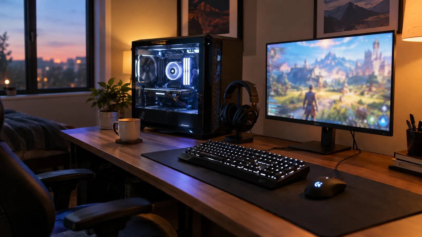 A home gaming PC on a corner desk with a lit keyboard, a mouse and a headset beside the monitor
