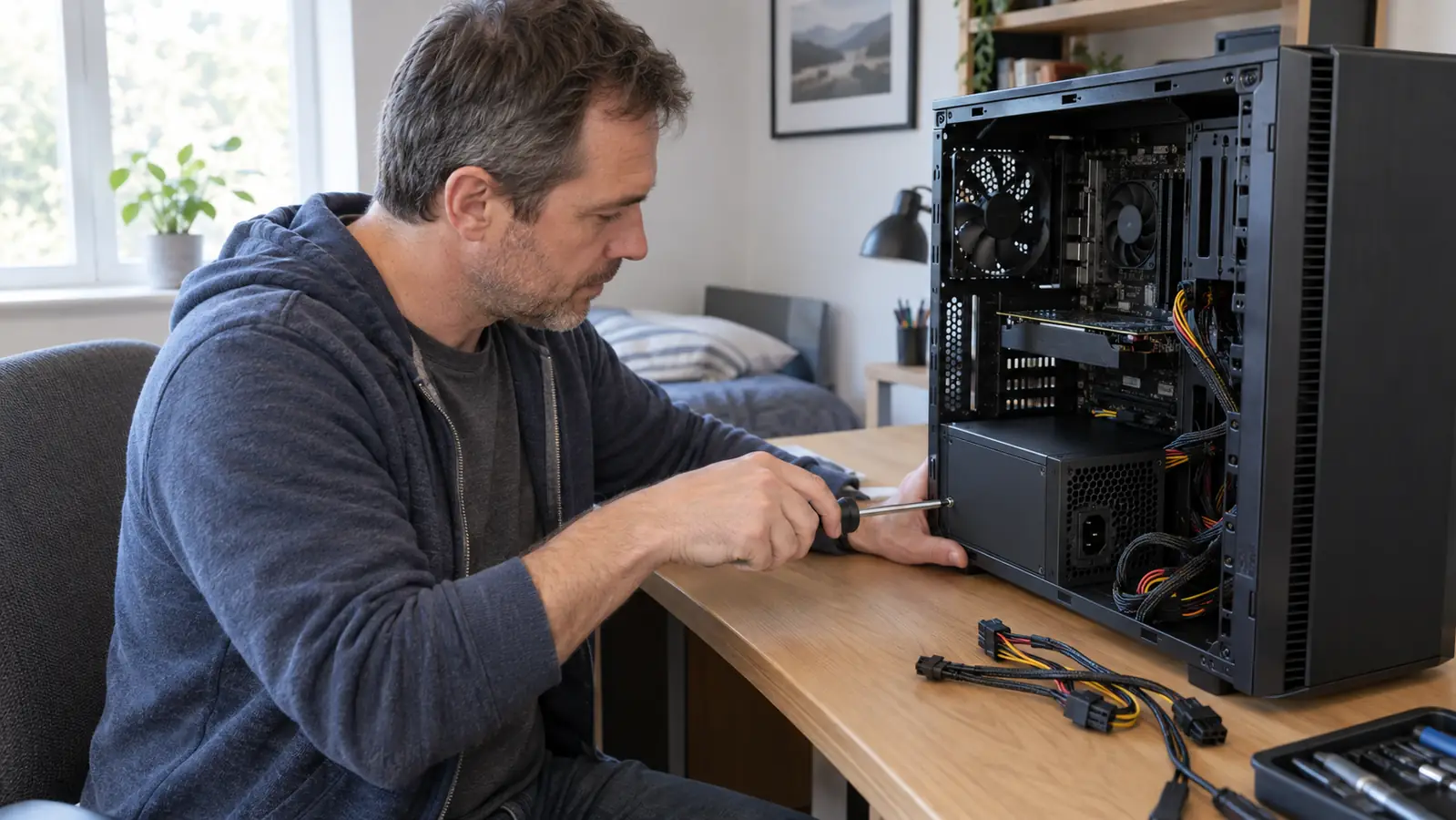 A man at a desk installing a modular power supply into a PC case
