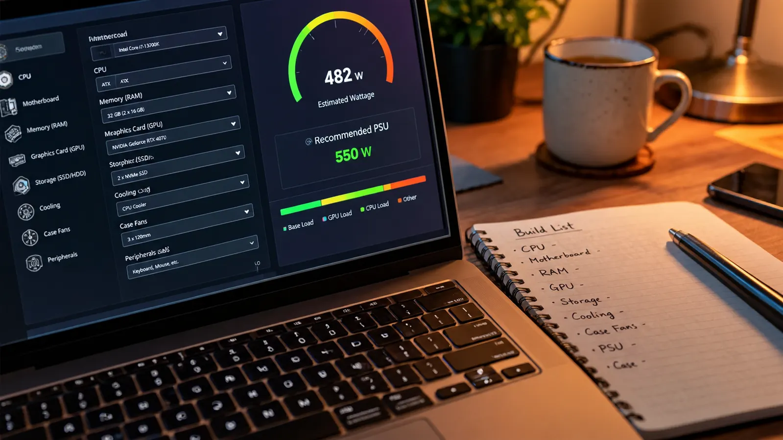 A laptop showing a power supply wattage calculator beside a handwritten parts list on a desk