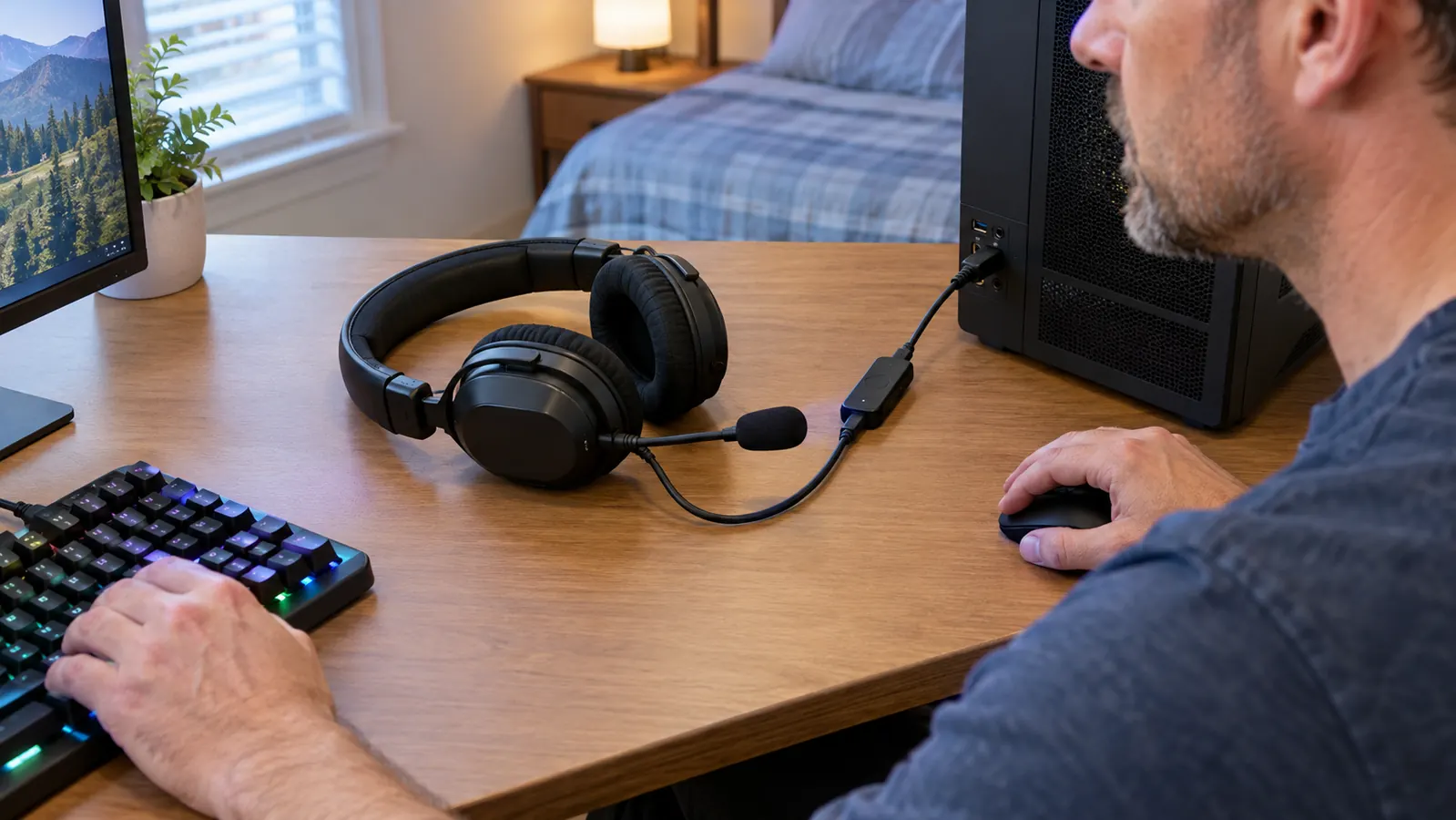 Close-up of a gaming headset resting on a desk next to a keyboard, its USB sound card connected to a PC