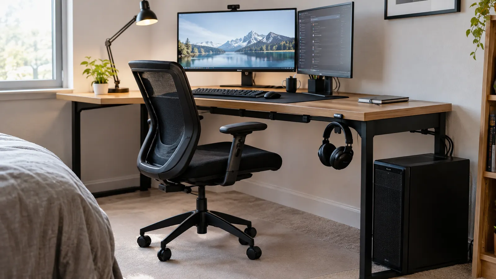 A headset hanging on a hook under a desk, cables neatly tucked, a PC tower beside the desk