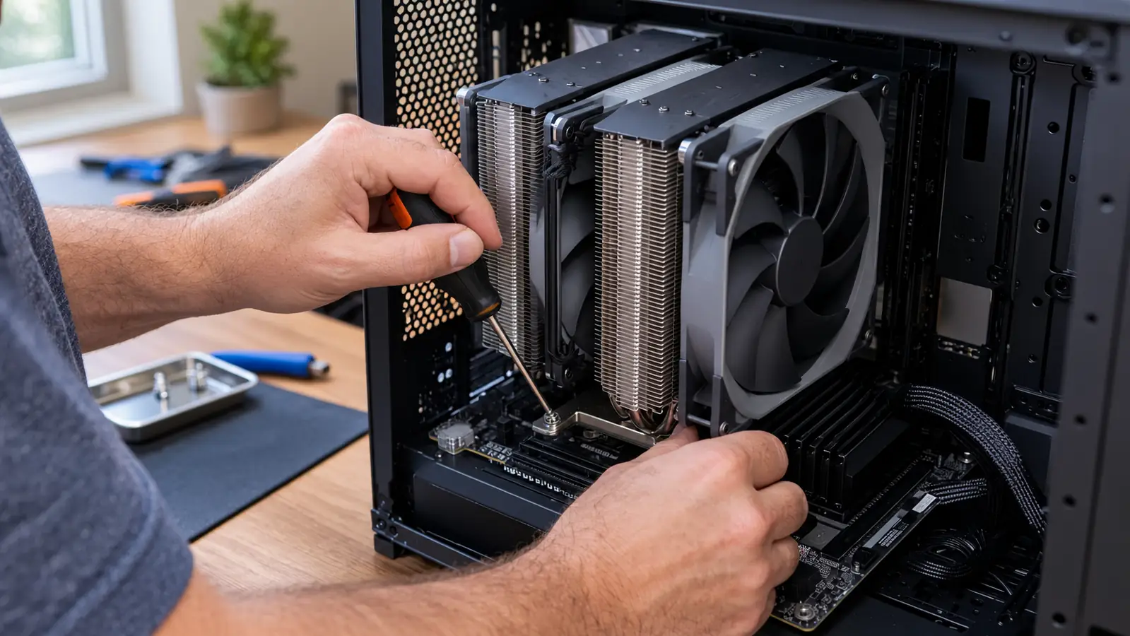 A hand tightening the mounting screws on a dual-tower CPU cooler installed on a motherboard