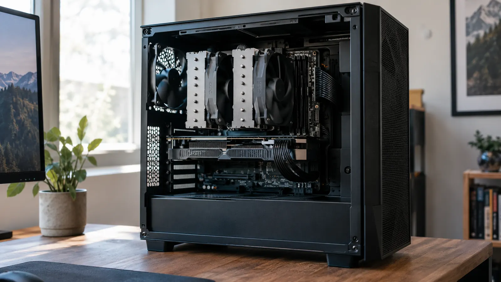 A completed PC build with the dual-tower CPU cooler visible through the open side panel, cables neatly routed