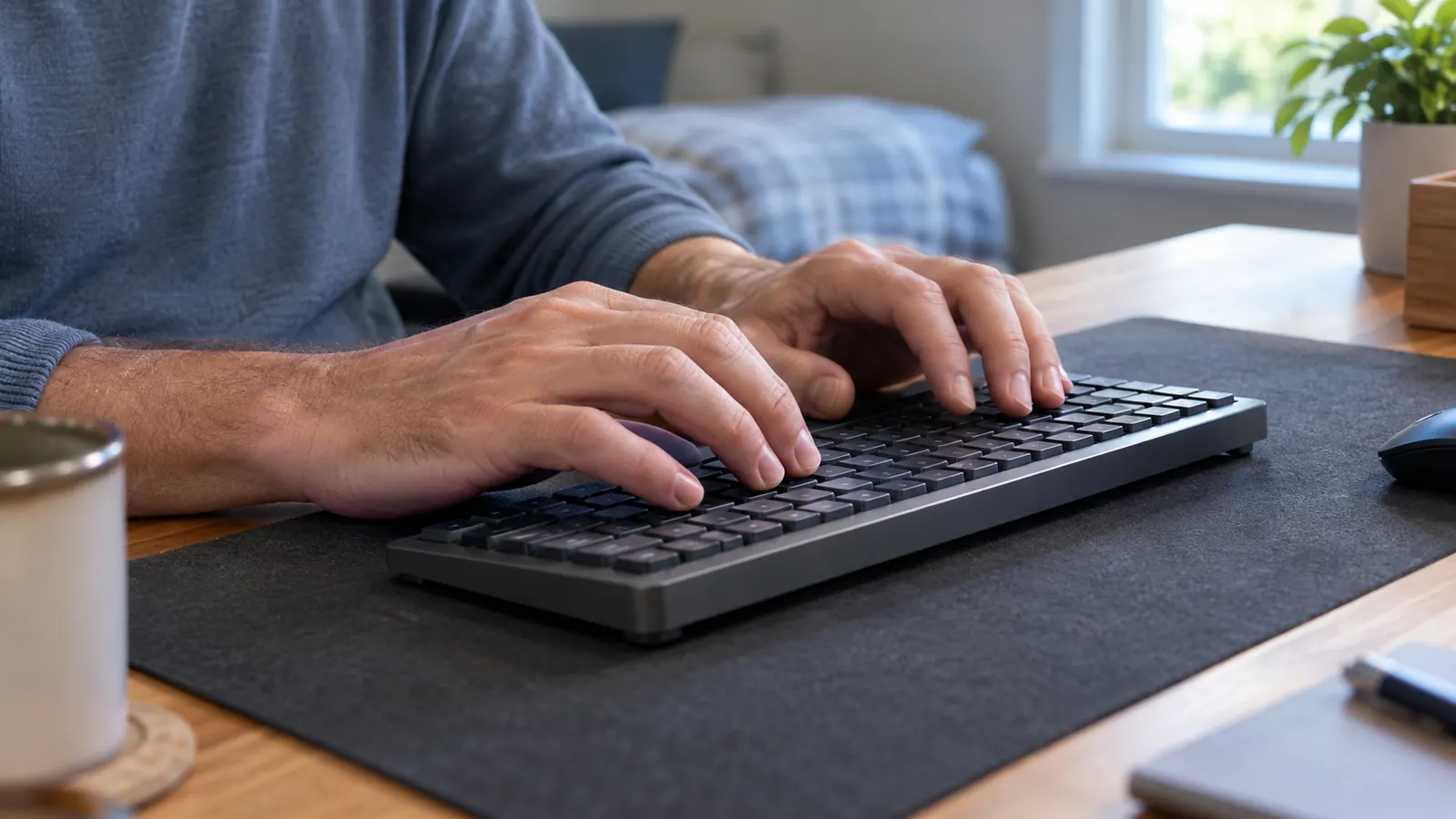 Close view of hands typing on a full-size mechanical gaming keyboard on a desk mat