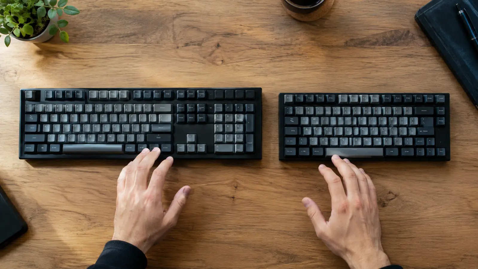 A man comparing two keyboards side by side on a desk, one full-size and one compact tenkeyless