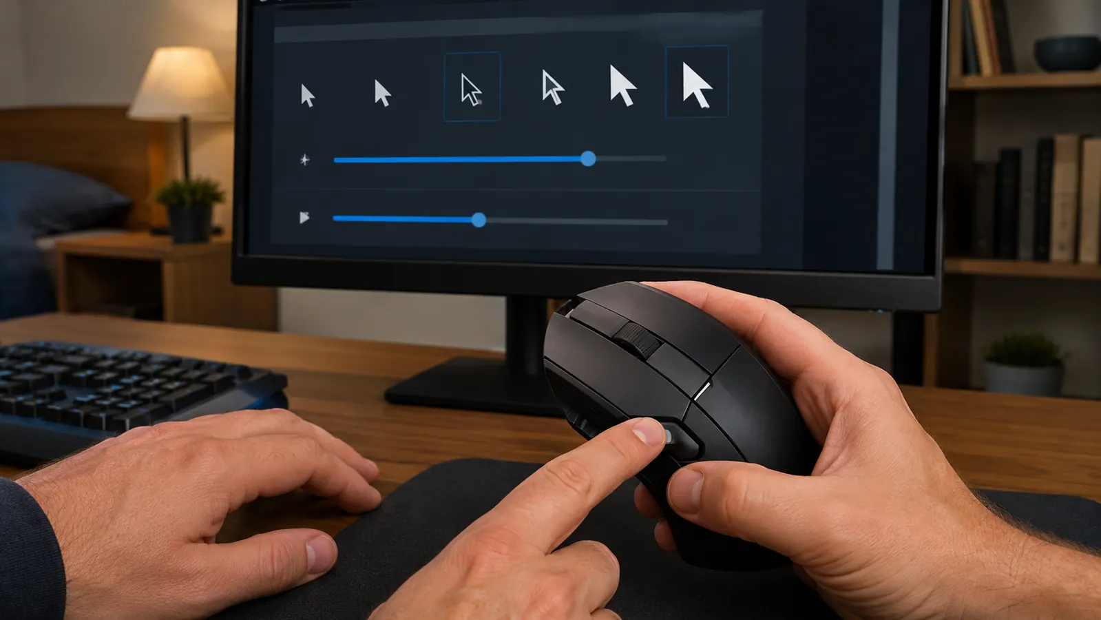 A hand adjusting the DPI buttons on a gaming mouse while the pointer settings screen is visible on a monitor