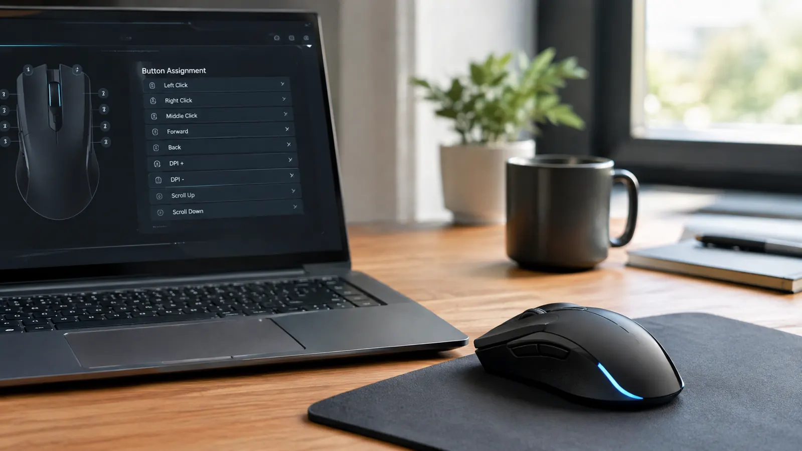 A gaming mouse on a desk with the button-mapping window open on a laptop beside it