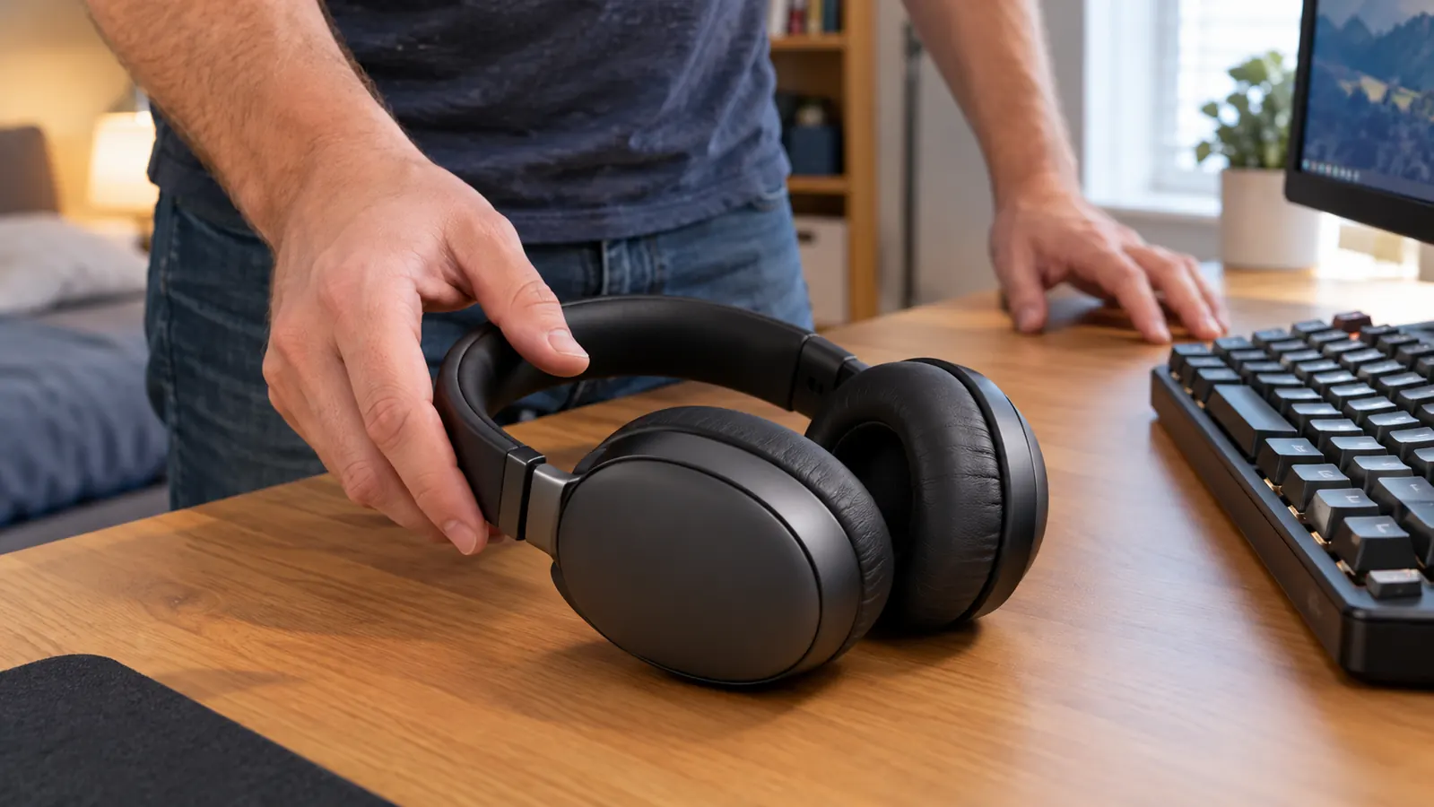A hand placing a wired gaming headset on a desk beside a keyboard