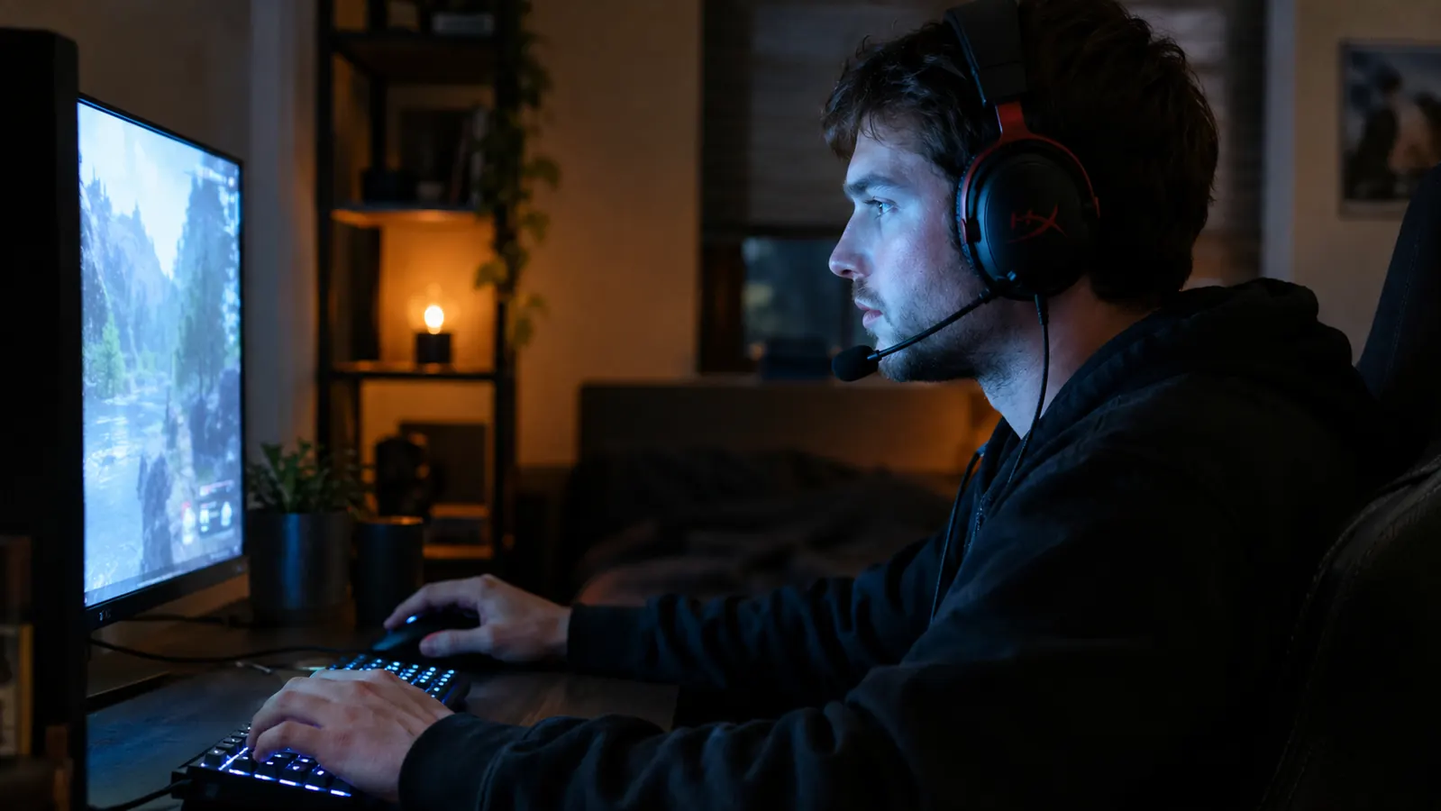 A man at a desk gaming with a wired headset on, the cable running neatly along the desk edge