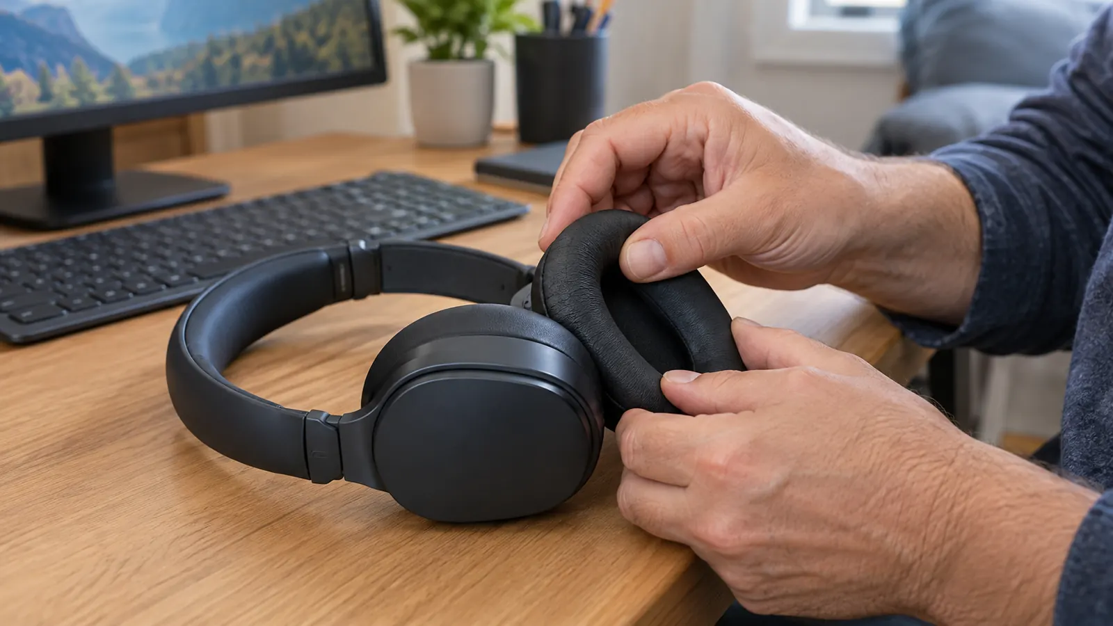 A person's hands adjusting the ear pad on the HyperX Cloud II headset as it rests on a desk beside a keyboard