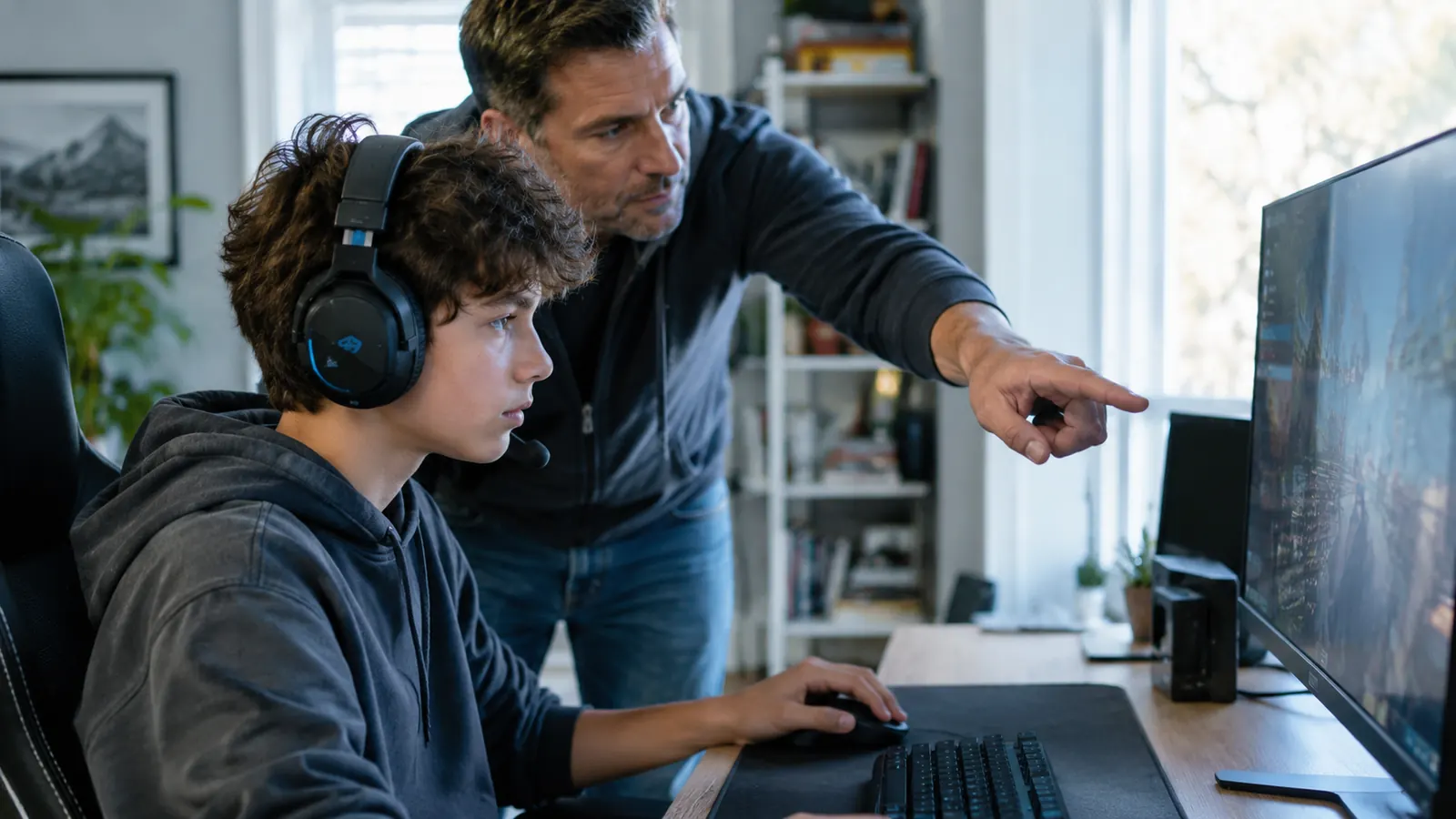A teenage boy wearing a gaming headset at a desk while an adult man beside him points at the monitor
