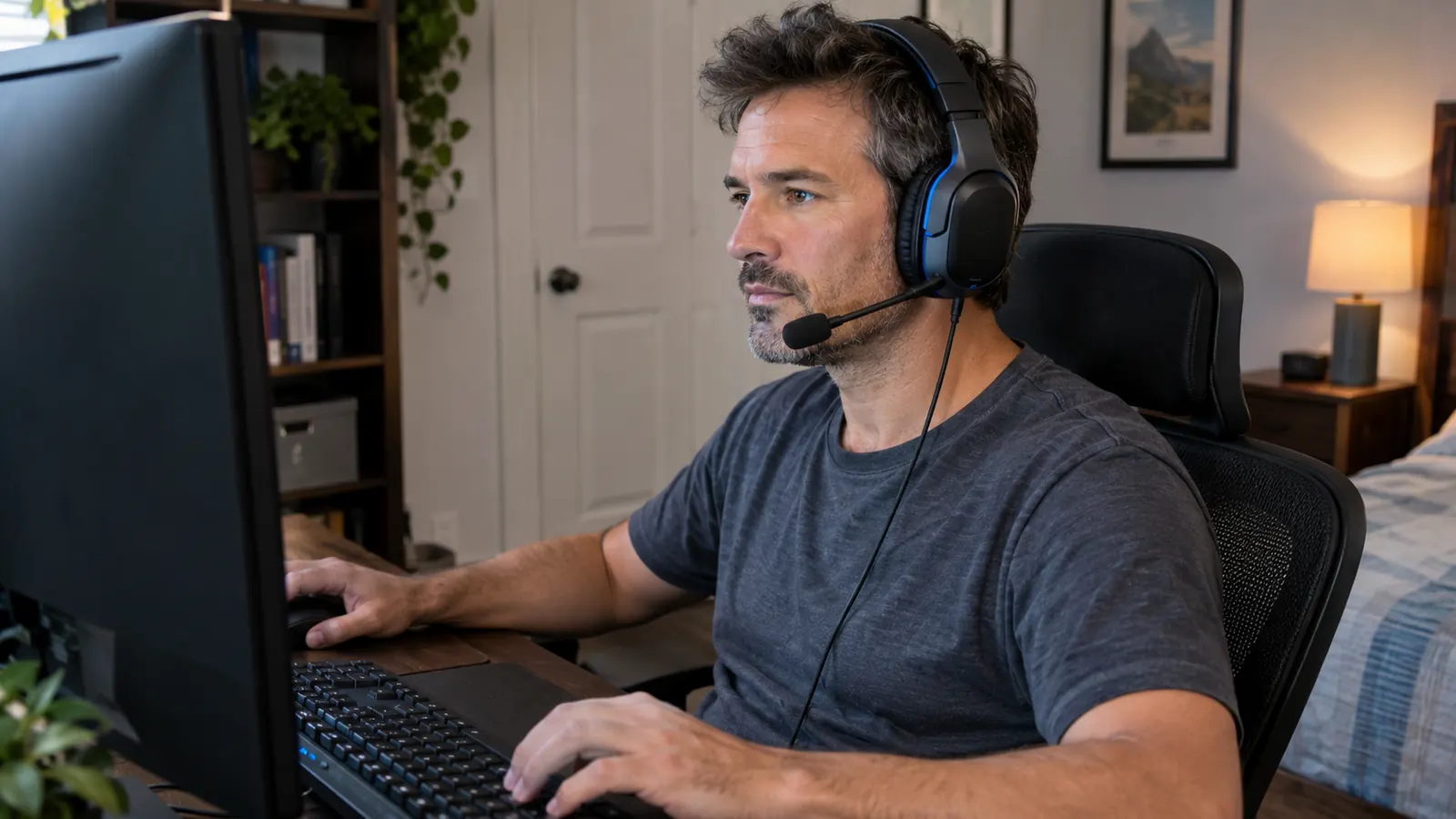 A man at a desk in a home office wearing a gaming headset, looking at a monitor with one hand on a keyboard