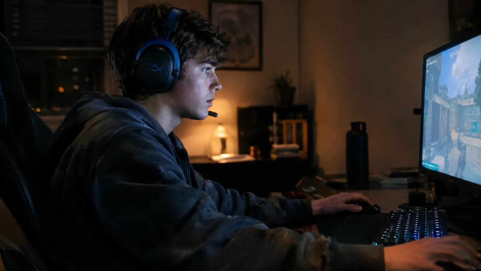 A teenage boy at a desk at night wearing a gaming headset, playing a game on a PC, with the monitor glow lighting the room