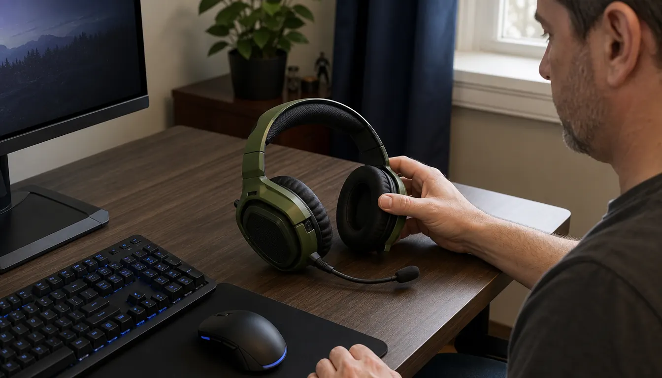 A gaming headset resting on a desk beside a keyboard while a hand adjusts the ear cup.