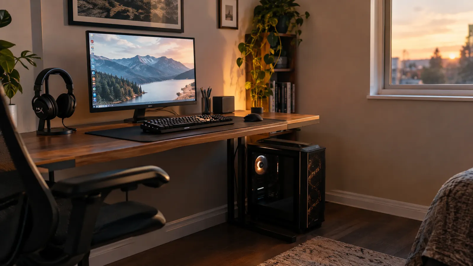 A gaming headset on a stand beside a monitor on a tidy home office desk in the evening.