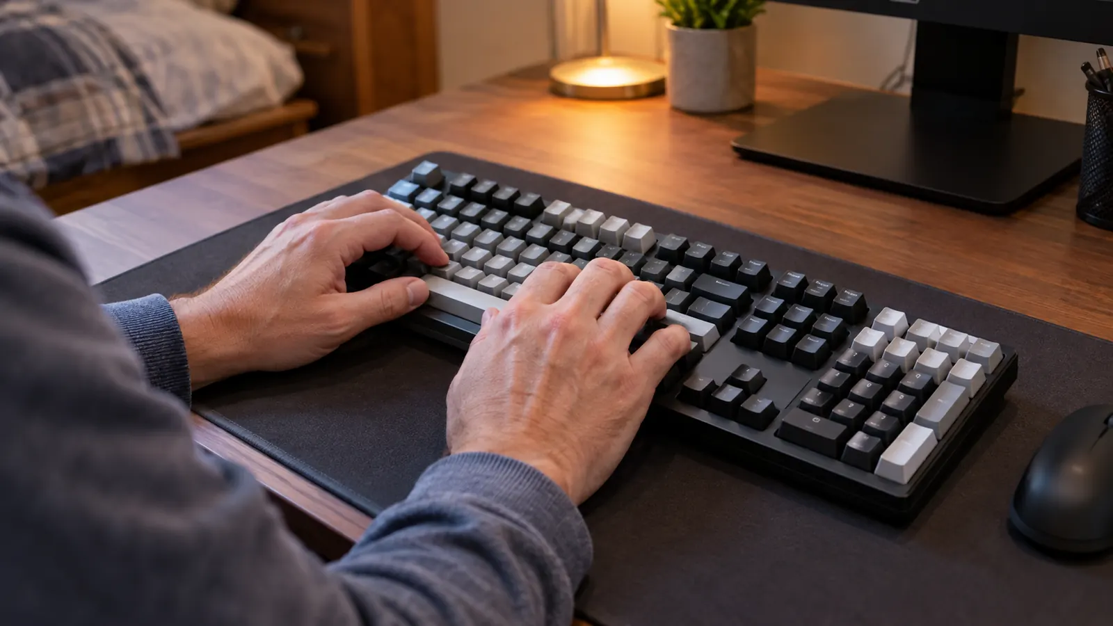 Close view of hands typing on a full-size mechanical keyboard on a desk mat
