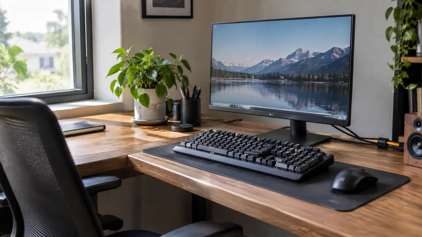 A tidy desk with a full-size mechanical keyboard, a monitor, and neatly managed cables