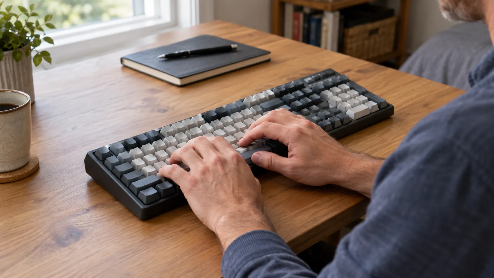 A man's hands typing on a full-size mechanical keyboard at a home office desk