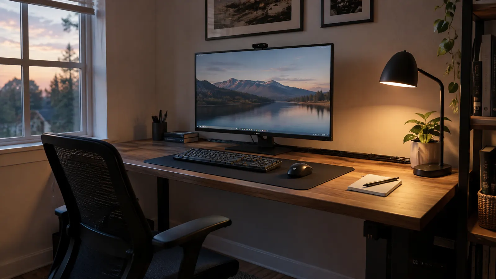 A corner desk setup in a home office with a full-size keyboard in front of a monitor and tidy cables