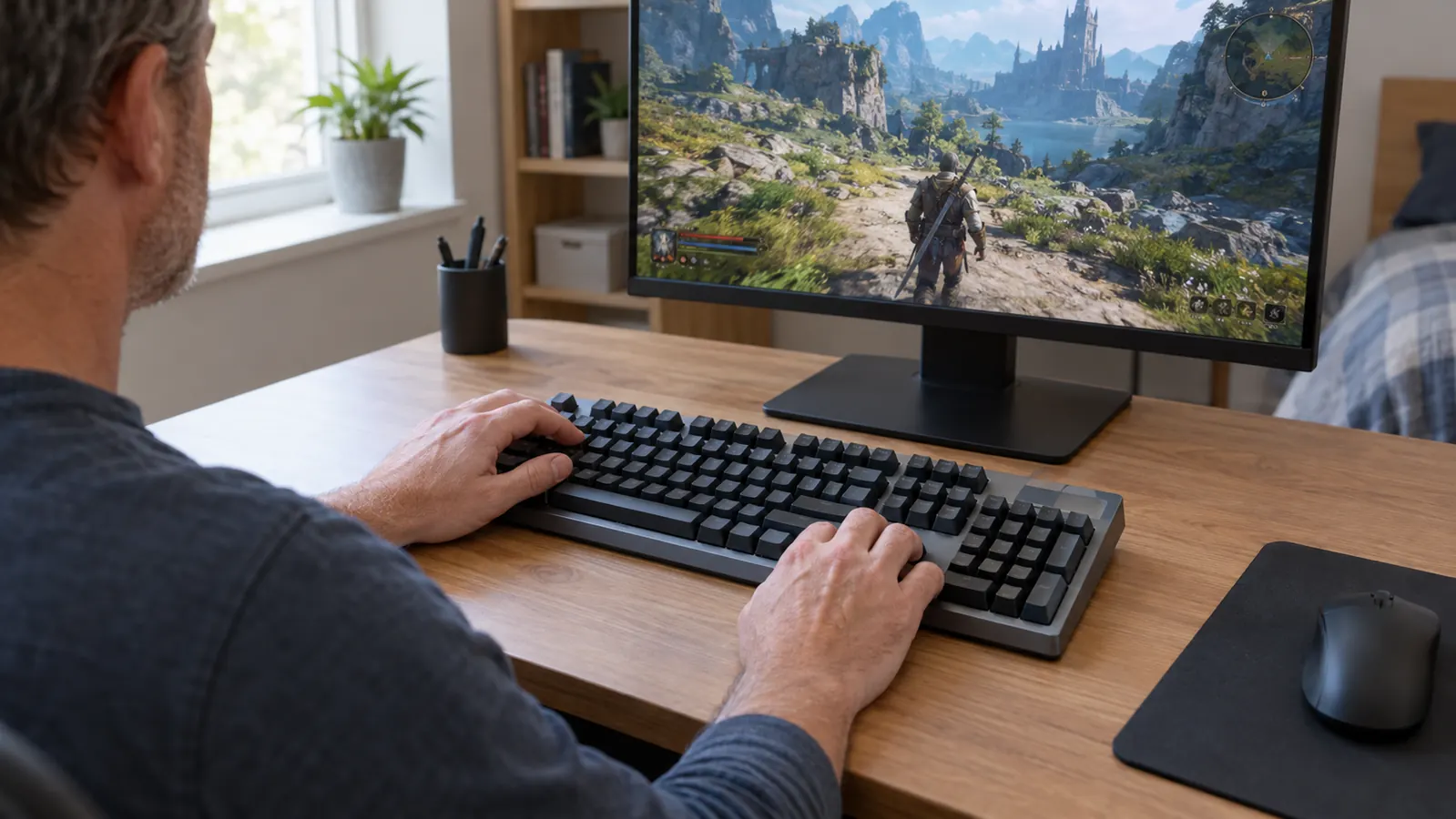 A person's hands resting on a mechanical keyboard at a desk, with a game visible on the monitor