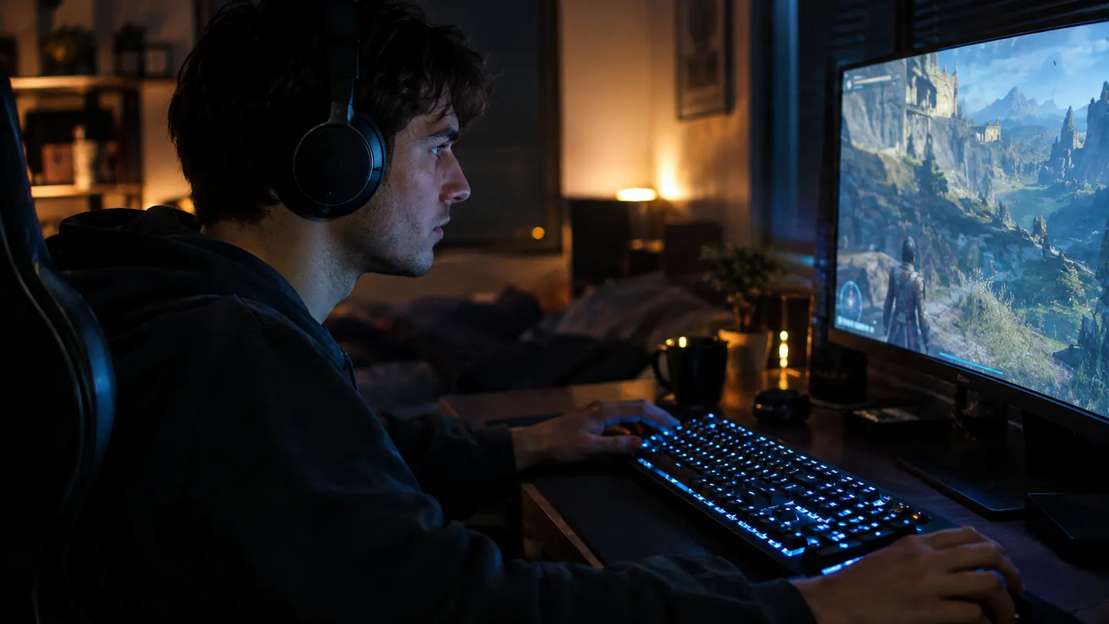A man gaming at a desk in a dim room, a keyboard with its backlighting on and a game visible on the monitor