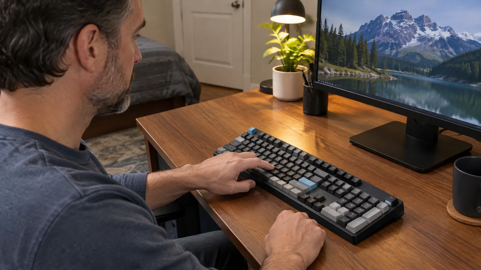 A hand pressing a key on the full-size mechanical keyboard beside a monitor on a desk