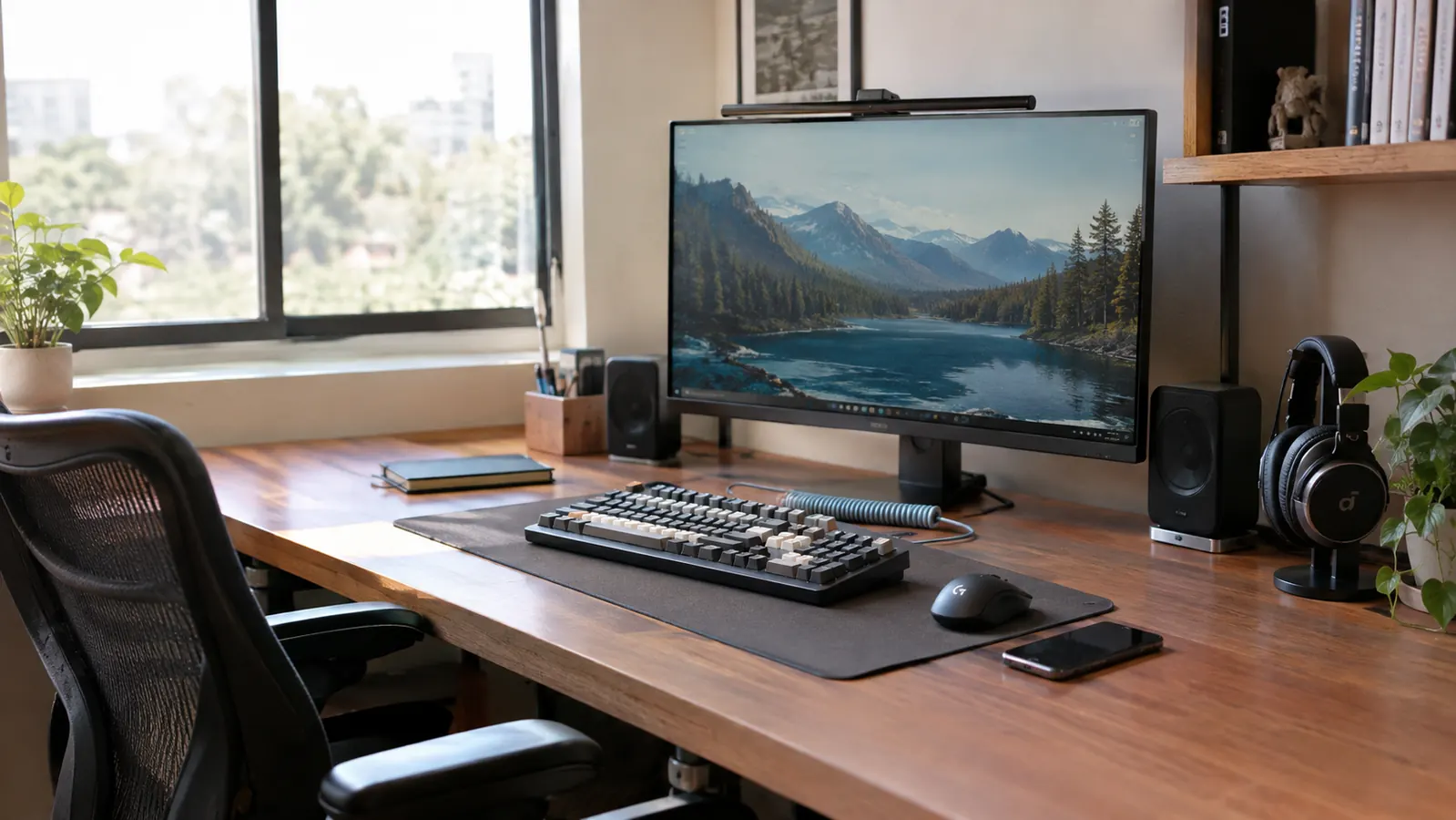 A tidy home office corner desk with a full-size mechanical keyboard in front of a monitor and a coiled cable neatly managed