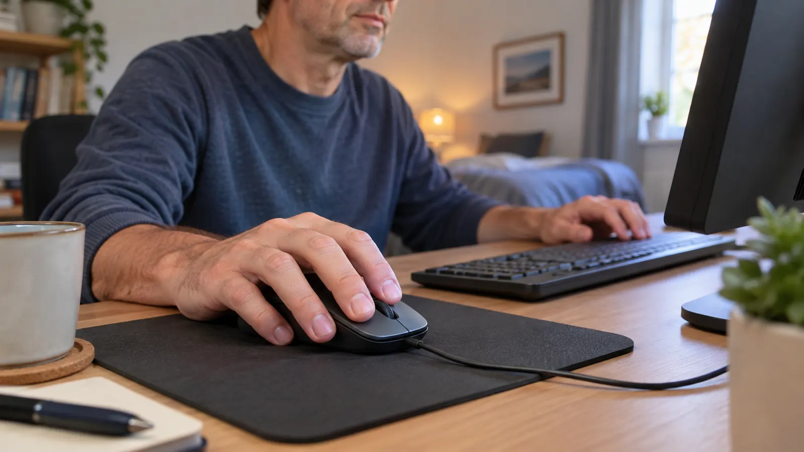 A hand resting on a wired gaming mouse on a desk mat, cable running toward the monitor