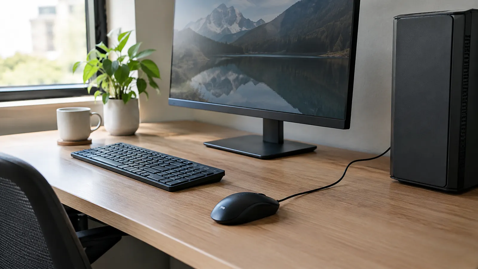 A tidy desk corner with a single cable from the mouse running to the PC, no clutter