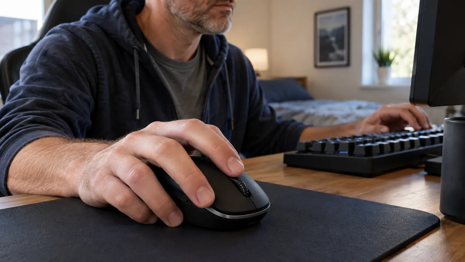 Close view of a hand gripping a wired gaming mouse during a gaming session at a desk, keyboard in soft focus