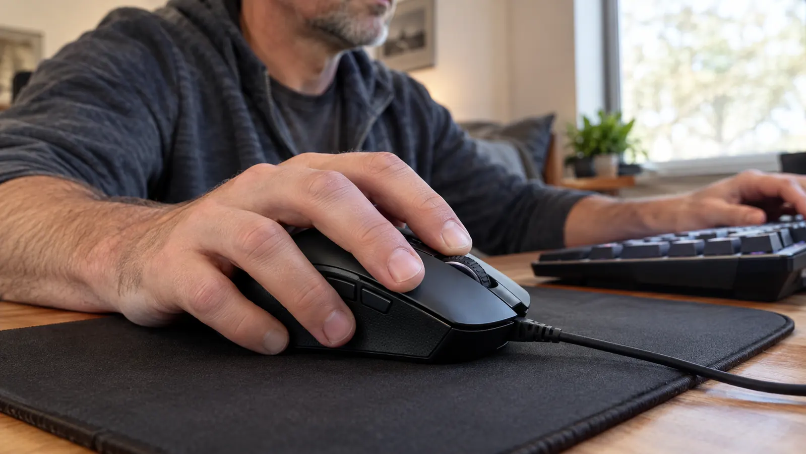 Close-up of a hand gripping a wired gaming mouse on a cloth mousepad, thumb resting on the side buttons