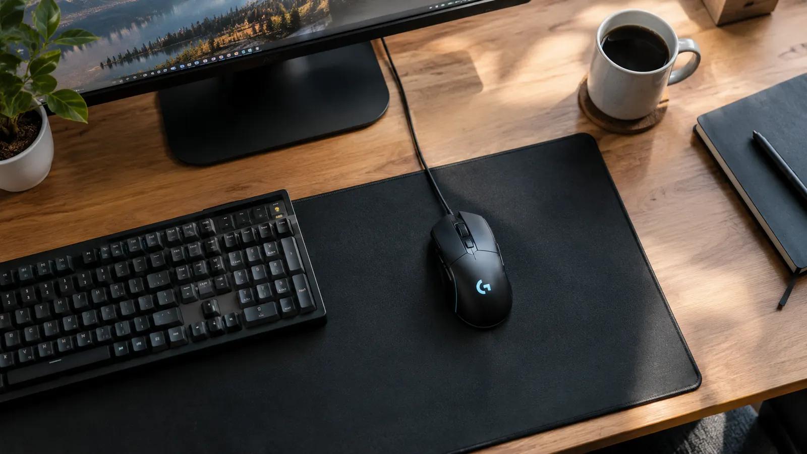 Overhead view of a desk workspace with a wired gaming mouse on a large mousepad beside a keyboard and a monitor