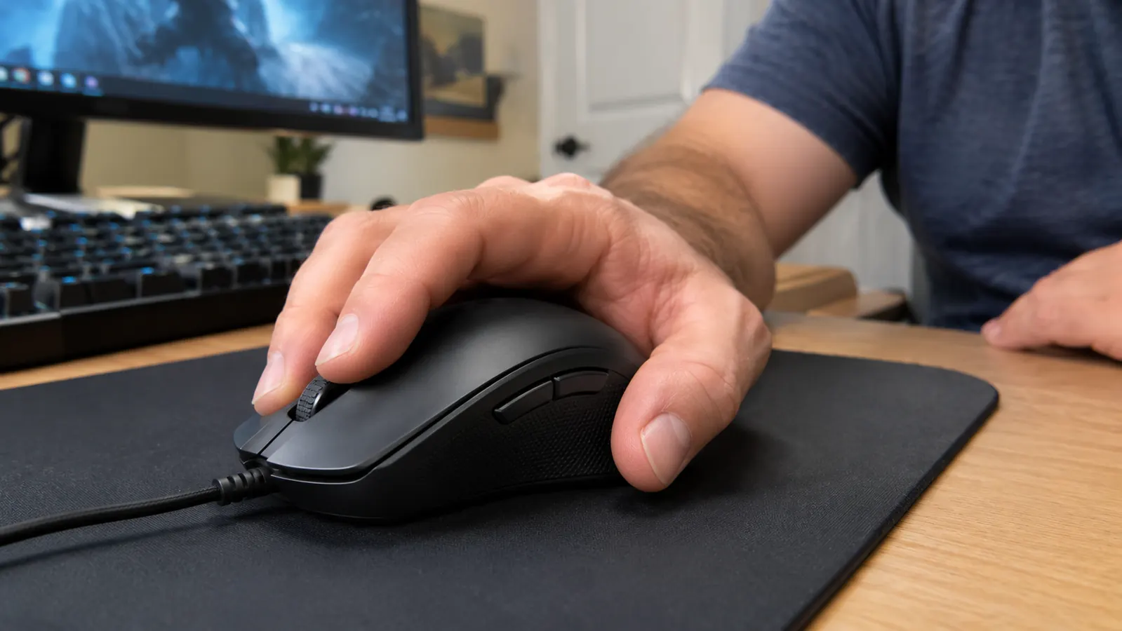 Close view of a hand gripping a wired gaming mouse on a mousepad, fingers on the side buttons, monitor blurred in the background