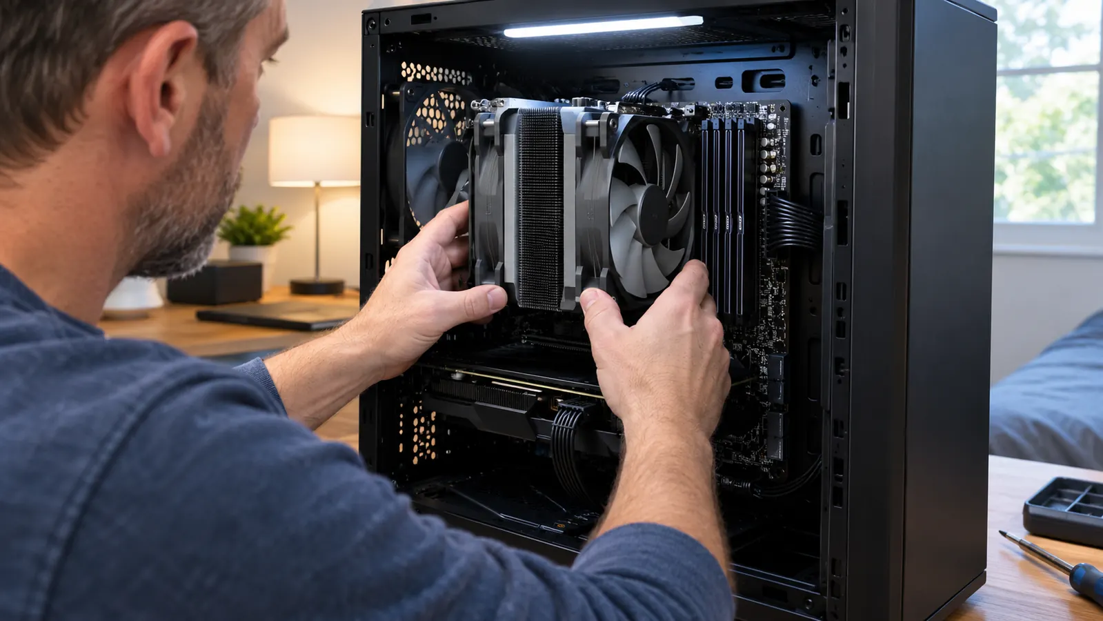 A hand working inside an open PC case with a large air cooler with two fans mounted on the motherboard